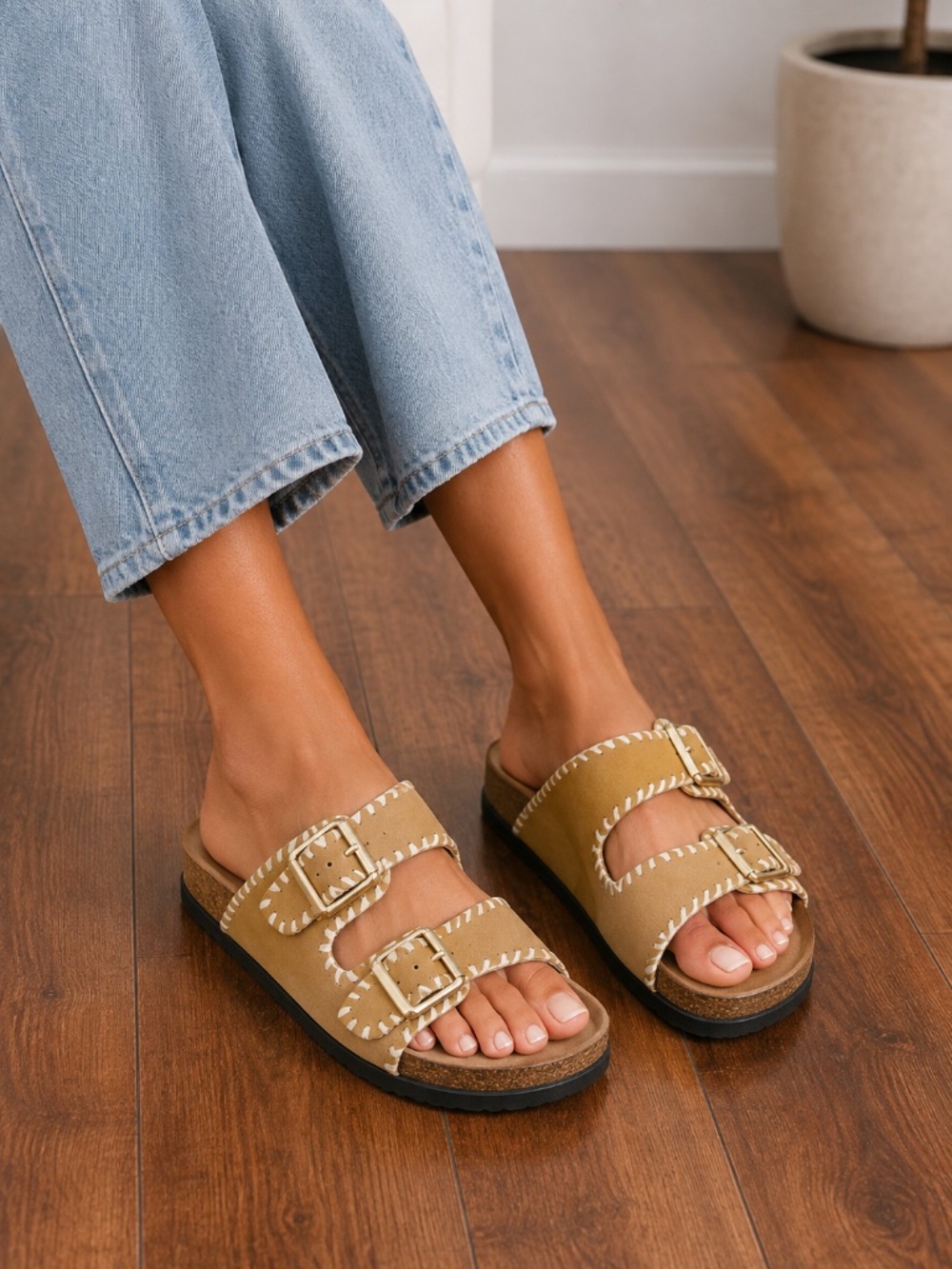 Wyatt Women’s Tan Double Buckle Slide Sandals, size 7W
